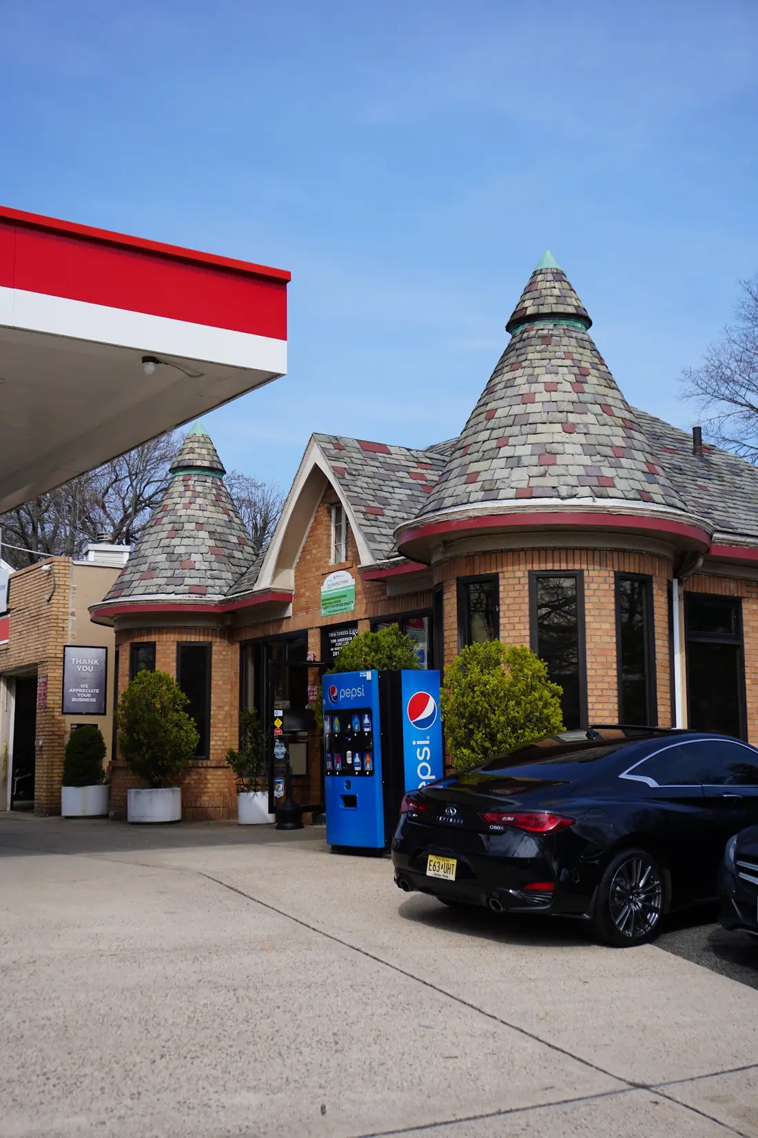 The Twin Towers Service Station building, with its two towers, on Anderson Avenue in Fort Lee